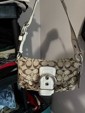 Coach Khaki Signature Canvas Shoulder Bag with Chalk Trim